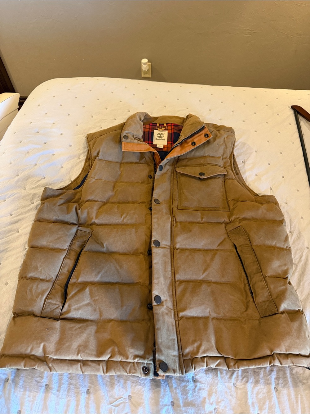 Timberland Brown Quilted Puffer Vest with Plaid Collar